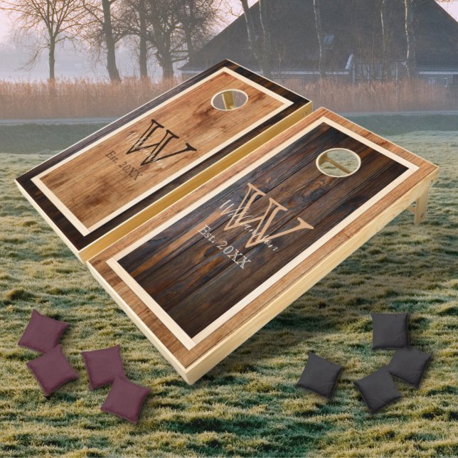 Rustic Wood Tone Monogram Square Design Cornhole Set (Creator Uploaded)