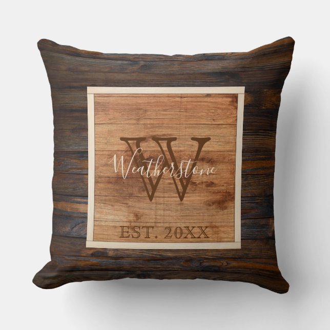 Rustic Wood Tone Monogram Square Design Throw Pillow (Front)