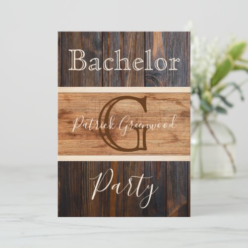 Rustic Wood Tone Monogram Stripe Bachelor Party Invitation