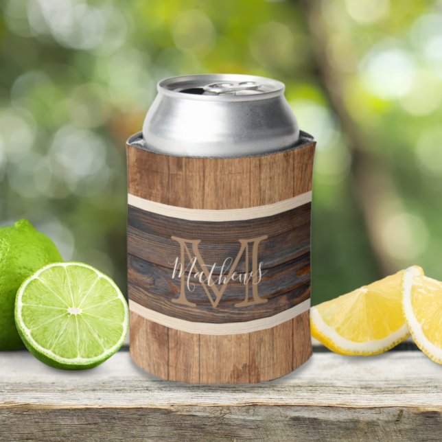 Rustic Wood Tone Monogram Stripe Can Cooler (Creator Uploaded)