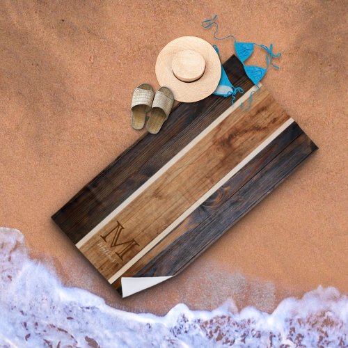 Rustic Wood Tone Monogram Stripe Design Beach Towel
