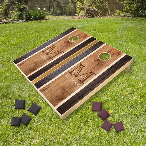 Rustic Wood Tone Monogram Stripe Design br Cornhole Set