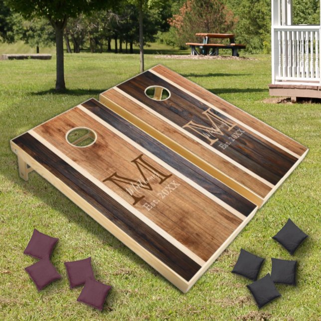 Rustic Wood Tone Monogram Stripe Design Cornhole Set (Creator Uploaded)