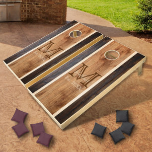 Rustic Wood Tone Monogram Stripe Design Cornhole Set