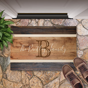 Rustic Wood tone Monogram Stripe Design Doormat