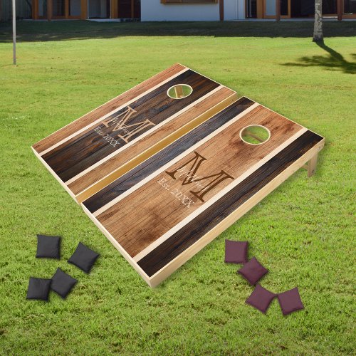 Rustic Wood Tone Monogram Stripe Design rv Cornhole Set