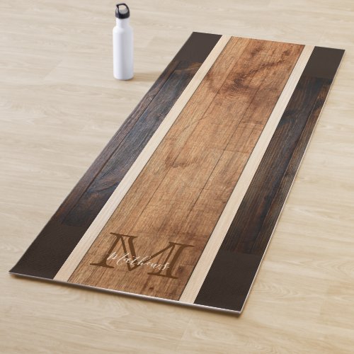 Rustic Wood Tone Monogram Stripe Design Yoga Mat