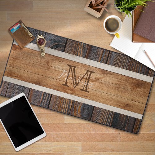 Rustic Wood Tone Monogram Stripe Desk Mat