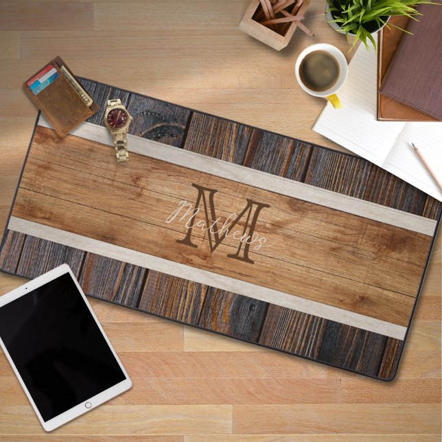 Rustic Wood Tone Monogram Stripe Desk Mat (Creator Uploaded)