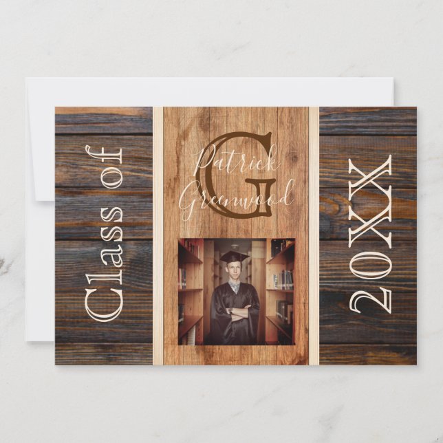 Rustic Wood Tone Monogram Stripe Graduation Invitation (Front)