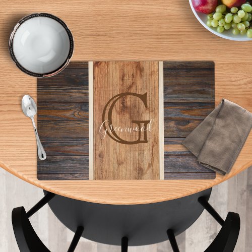 Rustic Wood Tone Monogram Stripe Placemat