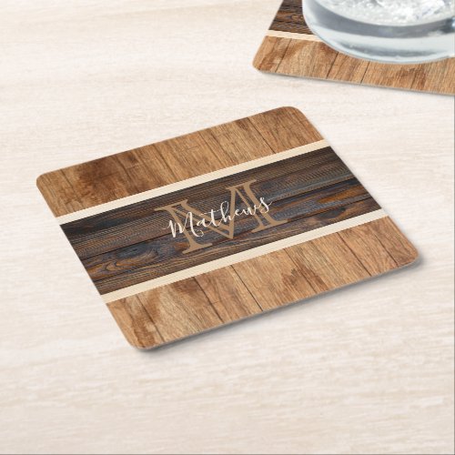 Rustic Wood Tone Monogram Stripe Square Paper Coaster