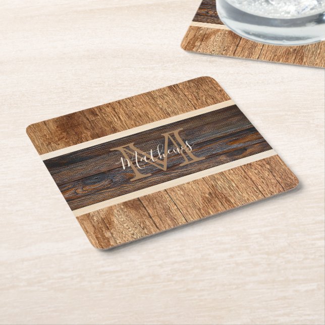 Rustic Wood Tone Monogram Stripe Square Paper Coaster (Angled)