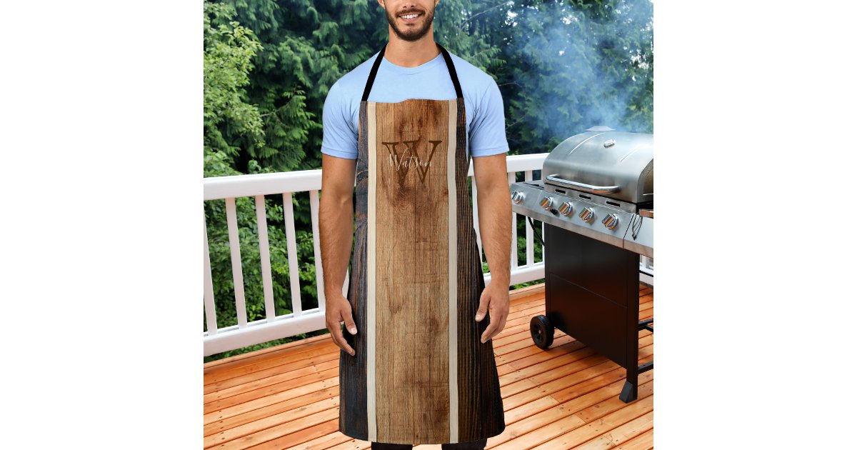 Rustic Wood Tone Monogram Stripe Vertical Apron | Zazzle