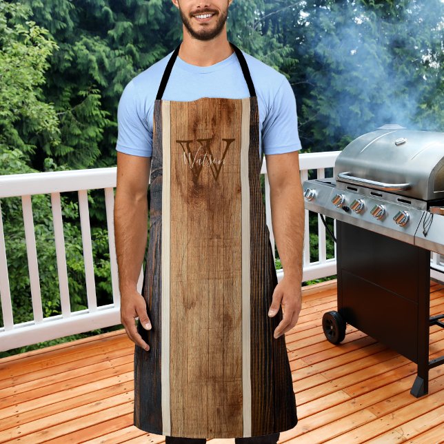 Rustic Wood Tone Monogram Stripe Vertical Apron (Creator Uploaded)
