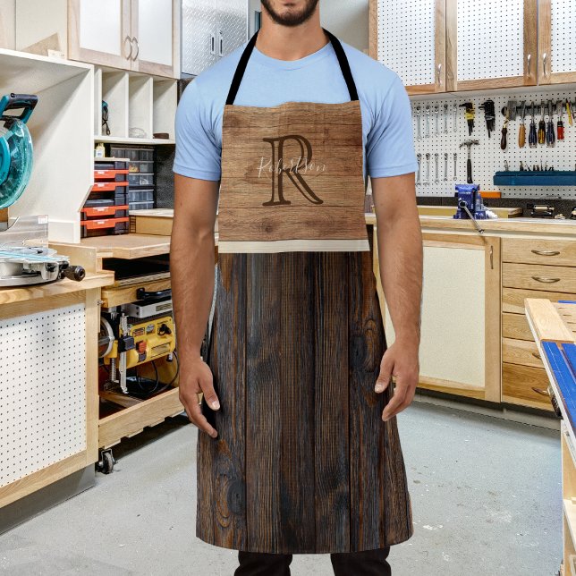 Rustic Wood Tone Monogram Tan and Brown Apron (Creator Uploaded)