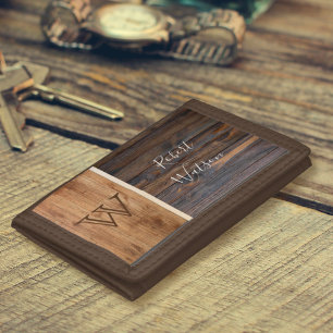 Rustic Wood Tone Monogram Tri-fold Wallet
