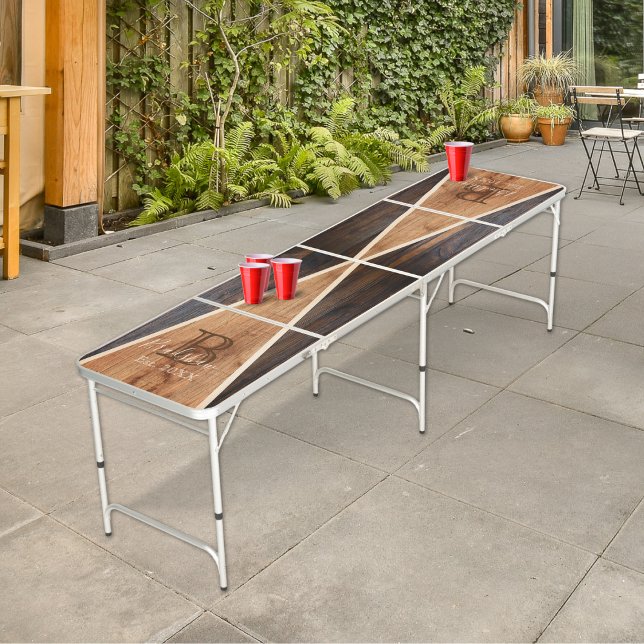 Rustic Wood Tone Monogram Triangle Beer Pong Table (Creator Uploaded)