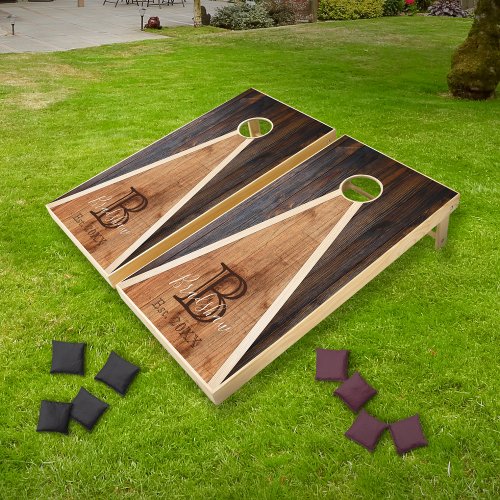 Rustic Wood Tone Monogram Triangle Design br Cornhole Set