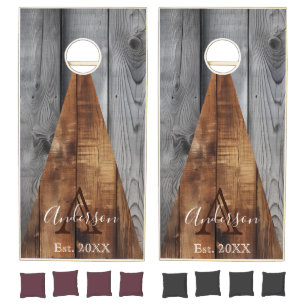 Rustic Wood Tone Monogram Triangle Design Cornhol Cornhole Set