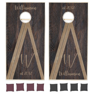 Rustic Wood Tone Monogram Triangle Design Cornhole Set