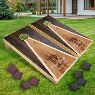 Rustic Wood Tone Monogram Triangle Design Cornhole Set