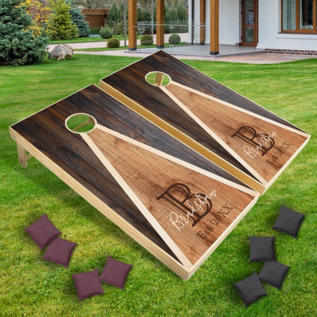 Rustic Wood Tone Monogram Triangle Design Cornhole Set (Creator Uploaded)