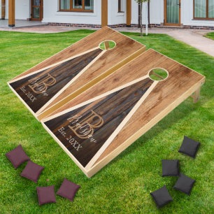 Rustic Wood Tone Monogram Triangle Design Cornhole Set