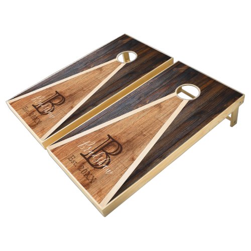 Rustic Wood Tone Monogram Triangle Design Cornhole Set