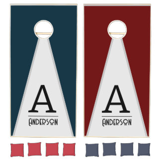 Rustic Wood Tone Monogram Triangle Design red blue Cornhole Set