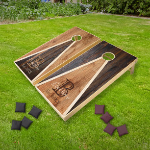 Rustic Wood Tone Monogram Triangle Design rv Cornhole Set