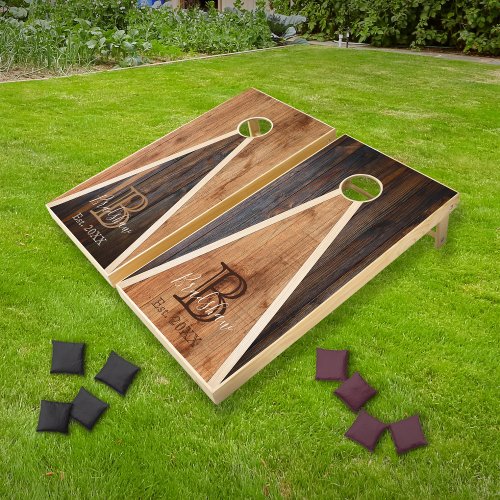 Rustic Wood Tone Monogram Triangle Design rv Cornhole Set