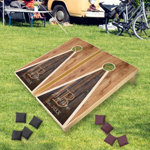 Rustic Wood Tone Monogram Triangle Design tn Cornhole Set