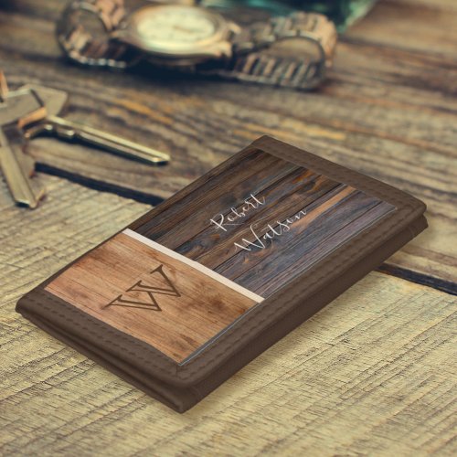 Rustic Wood Tone Monogram Trifold Wallet