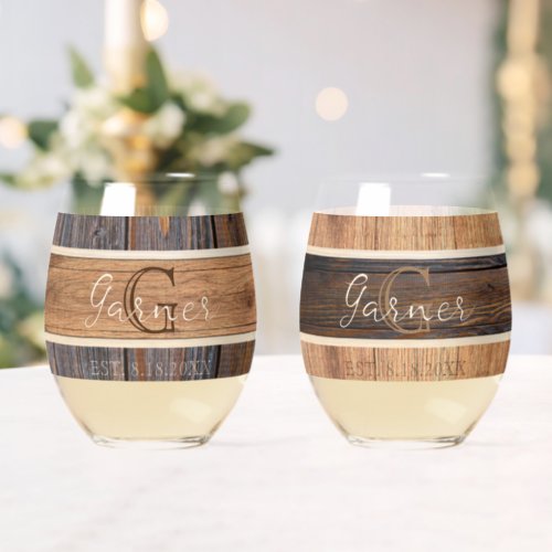 Rustic Wood Tone Mr and Mrs Wedding Stemless Wine Glass