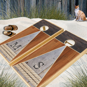 Rustic Wood Tone Nautical Coastal Rope Cornhole Se Set