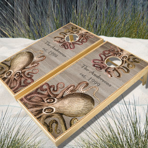 Rustic Wood Tone Nautical Octopus Ocean Vintage Cornhole Set