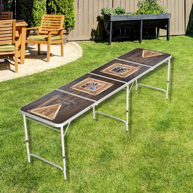 Rustic Wood Tone Photo and Monogram Beer Pong Table (Creator Uploaded)