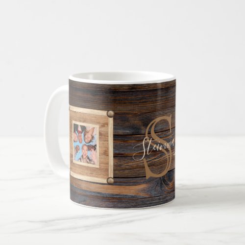 Rustic Wood Tone Photo and Monogram Coffee Mug