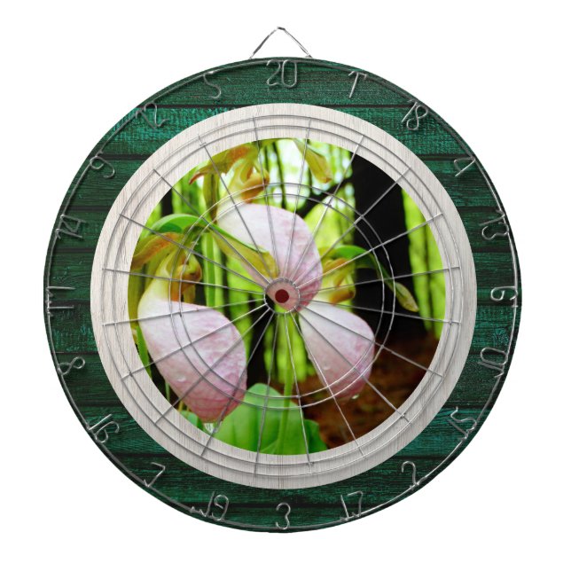 Rustic Wood Tone Pink Lady Slipper Wild Orchid Dart Board (Front)