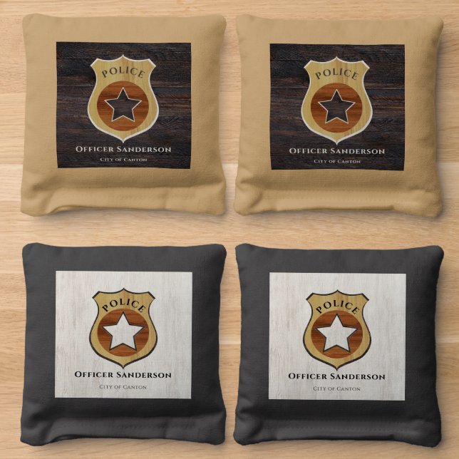 Rustic Wood Tone Police Badge Star, Browns Cornhol Cornhole Bags (Wood)