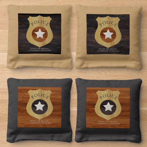 Rustic Wood Tone Police Badge Star Browns Cornhole Bags