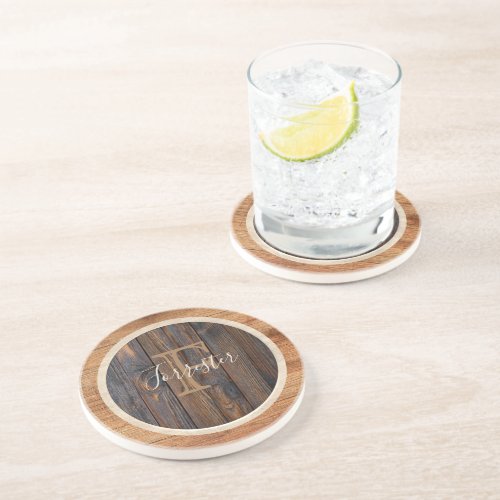 Rustic Wood Tone Round Monogram Coaster