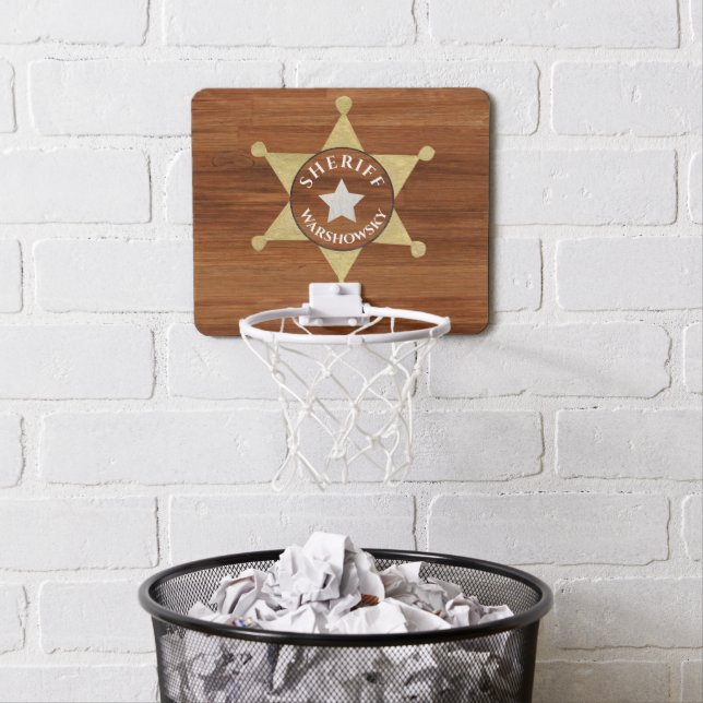 Rustic Wood tone Sheriff Badge Star, Browns  Mini Basketball Hoop (In Situ)