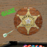 Rustic Wood tone Sheriff Badge Star, Browns Wood Dart Board<br><div class="desc">Rustic Wood tone Sheriff Badge Star,  Browns Wood grain  Dart Board. A rustic Faux wood inlay game makes the perfect personalized Gift,  it's great for individuals who work for the sheriff's office or for the unit to play with. Our easy-to-use template makes personalizing easy.</div>