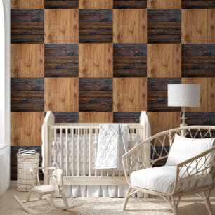 Rustic Wood Tone Square Checkered Wallpaper