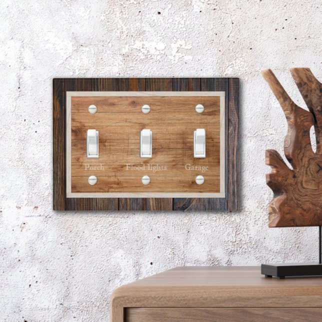 Rustic Wood Tone Square Custom Triple Light Switch Cover (Creator Uploaded)