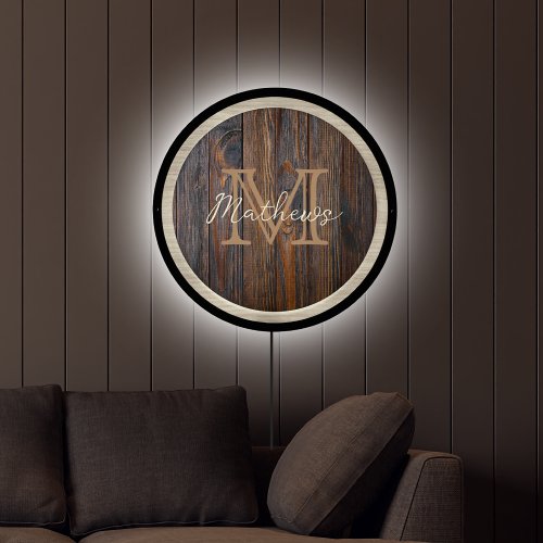 Rustic Wood Tone Stripe Brown Monogram LED Sign