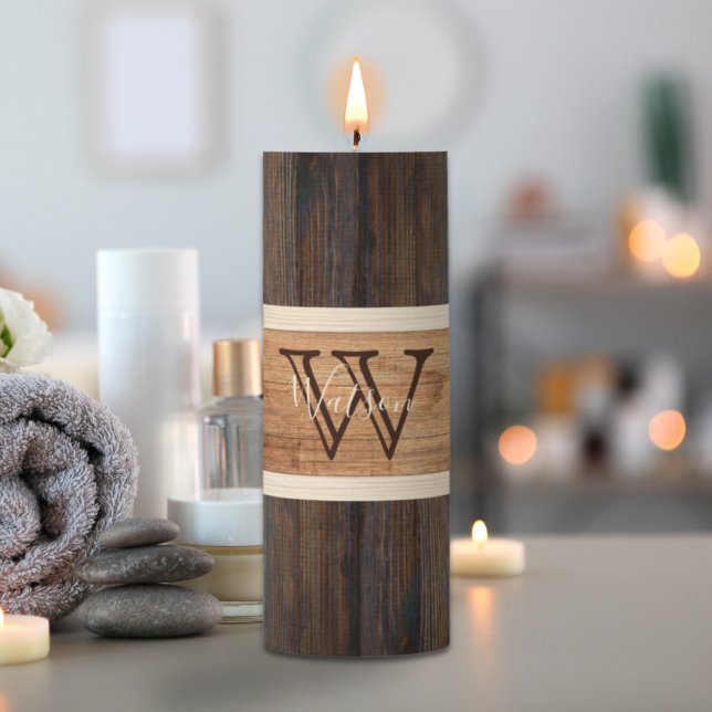 Rustic Wood Tone Stripe Brown Pillar Candle (Creator Uploaded)