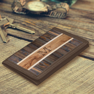 Rustic Wood Tone Stripe Brown Tri-fold Wallet